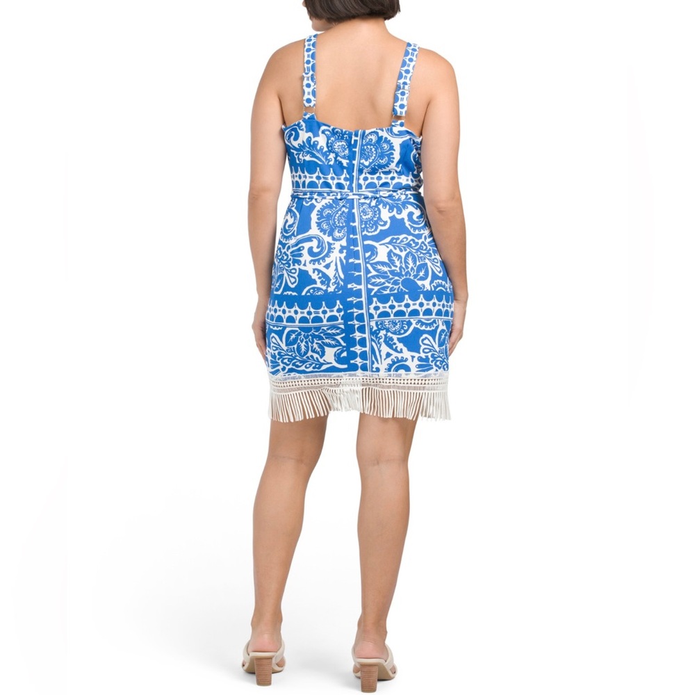 TAHARI ASL Border Print Mini Dress With Fringe Hem Blue White - Picture 2 of 2